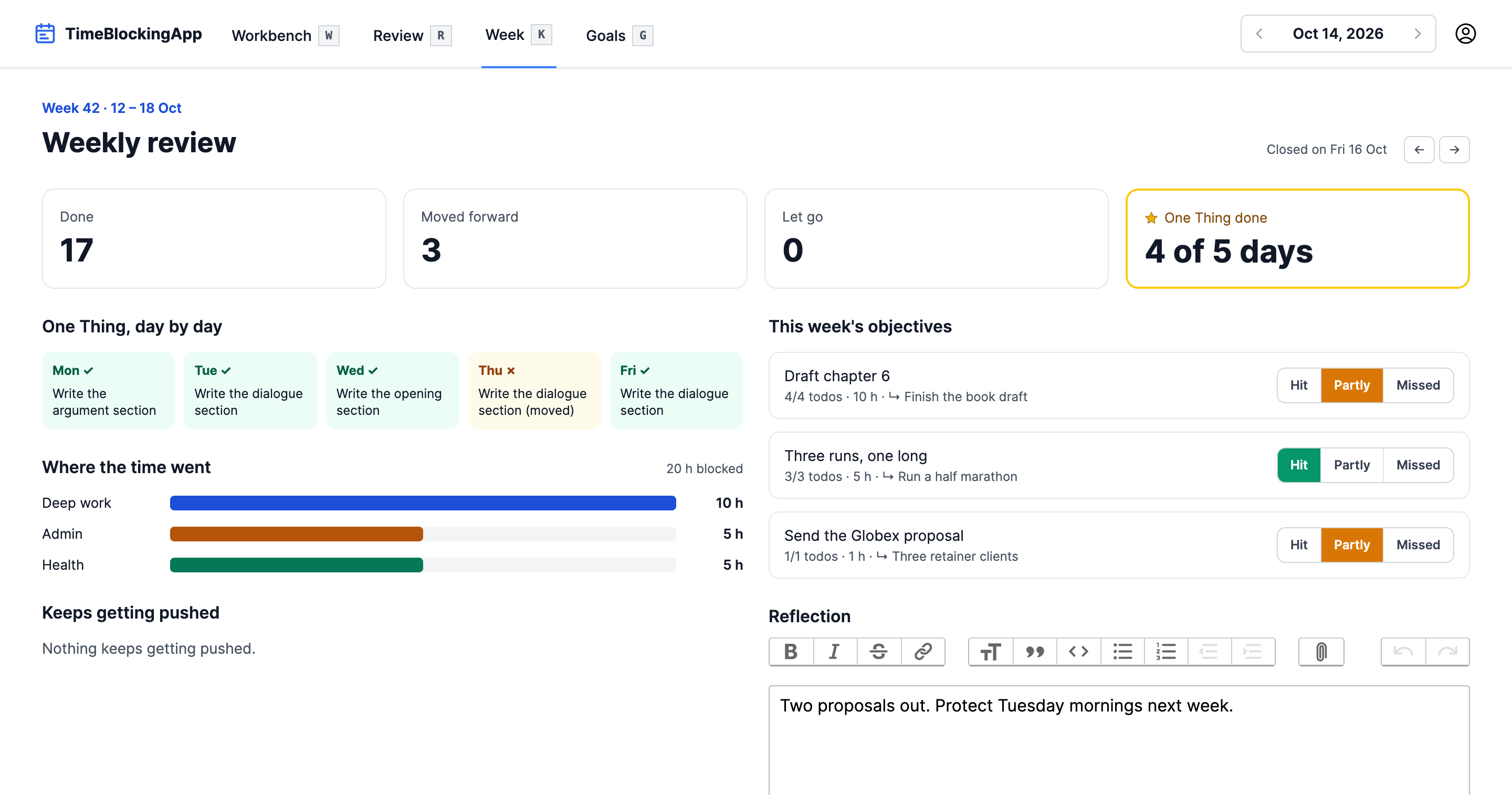 The weekly review: done, moved forward and let go counts, the One Thing day by day, where the time went, objectives rated hit, partly or missed, and a reflection